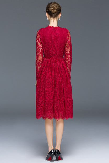 WOMEN'S LACE ROUND NECK CASUAL GRACE LONG SLEEVE PARTY DRESS