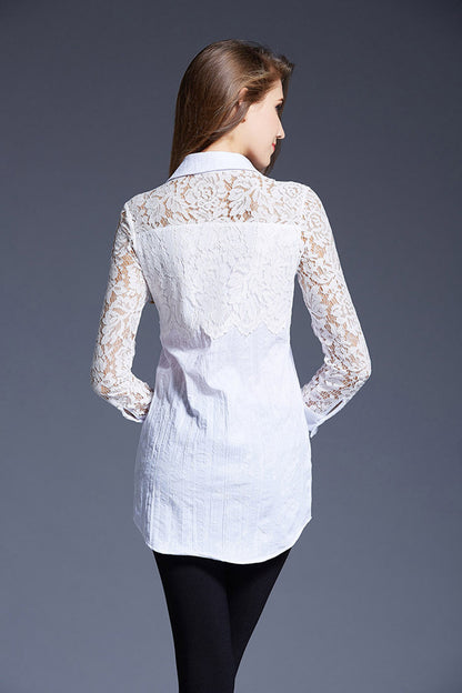 Peter Pan Collar Hollow Out Lace Shirt Top - NJOYDRESS - 3