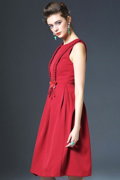 Round Collar Hemp Flowers Applique Pleated Dress
