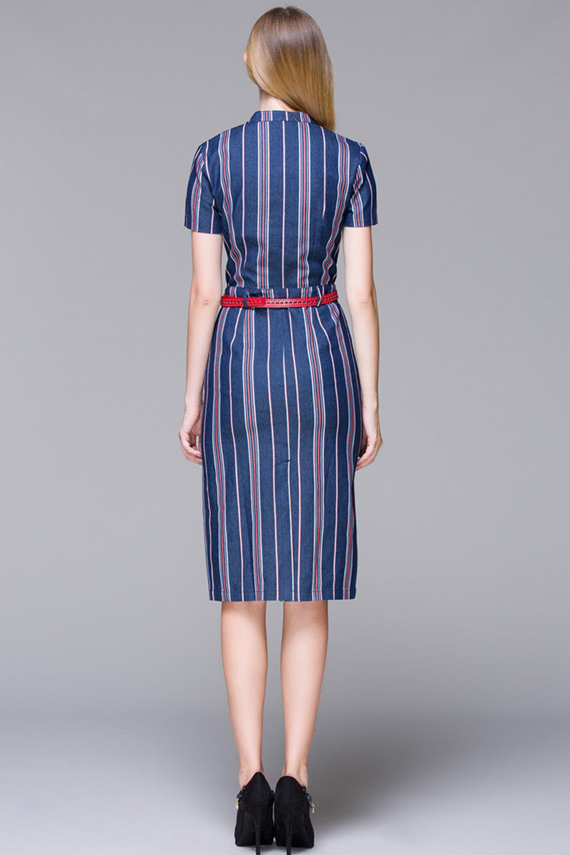 Multi Stripe Short Sleeve Small MockCollar Dress