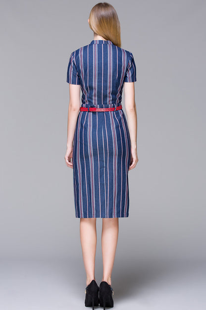 Multi Stripe Short Sleeve Small MockCollar Dress
