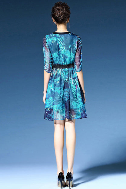 [30% OFF TILL 7 APR] Slit V Neck Elastic Waist Pattern Print Flare Dress