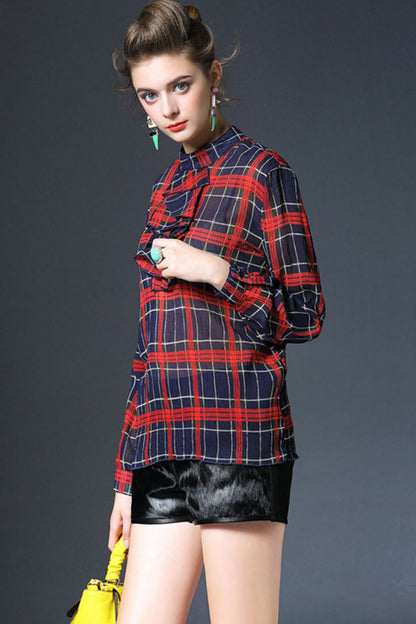 Big Check With Ruffle Mock Neck Blouse - NJOYDRESS - 2