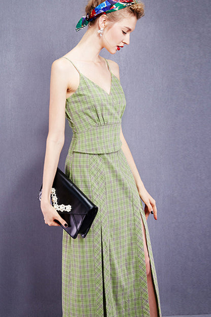 Deep-V Surplice Check High Slit Cocktail Dress