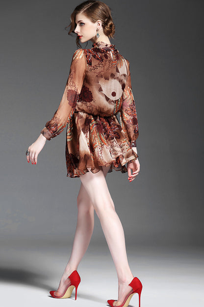 women's loose print and floral ruffle neck long sleeve dress