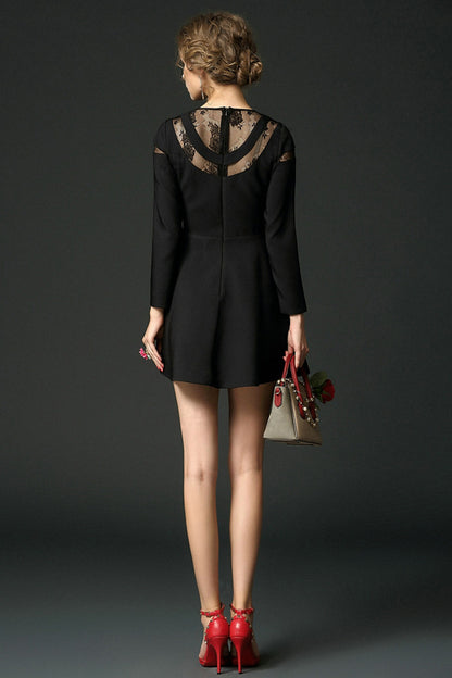 Flared Solid Dress With Lace Neck Round