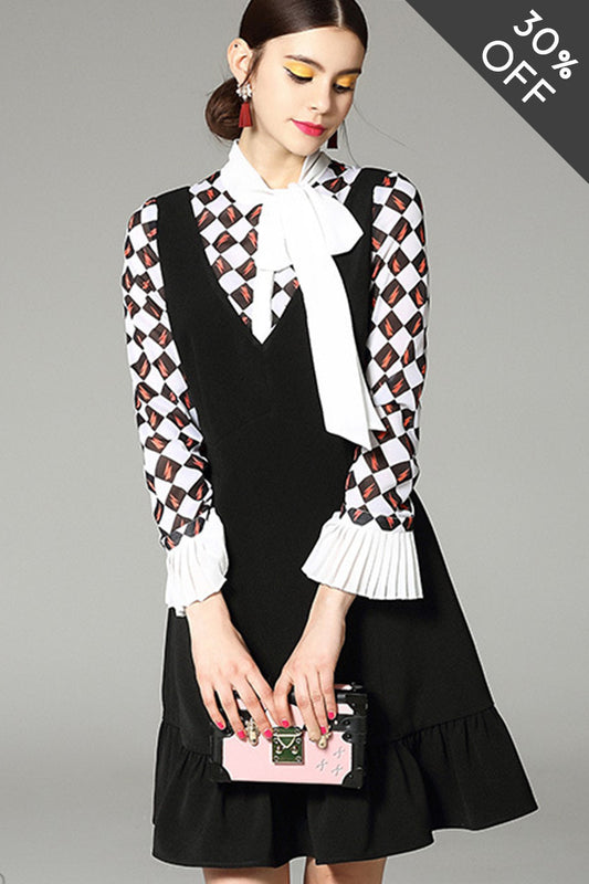 [30% OFF TILL 8 APR] Bow Collar Vintage Paild Long Sleeve Casual Dress