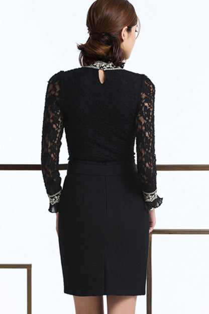 Lace Little Turtle Neck Through Look Sleeve Jacquard Slim Top - NJOYDRESS - 3