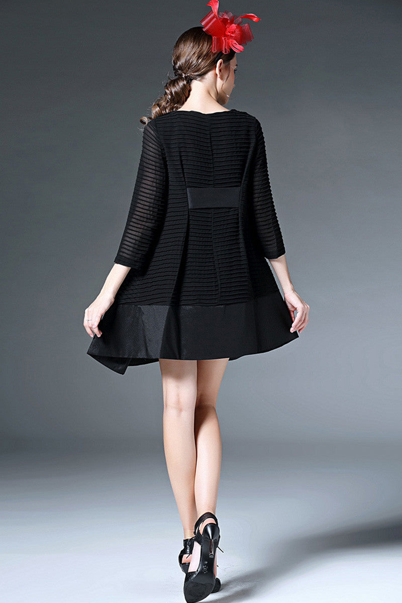 Women's Stripe Black Loose Dress 3/4 Sleeve Boat Neck Casual Dress