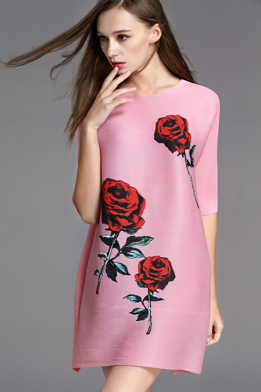 Round Collar Roses Pattern Half Sleeve Stretch Loose Mini Dress