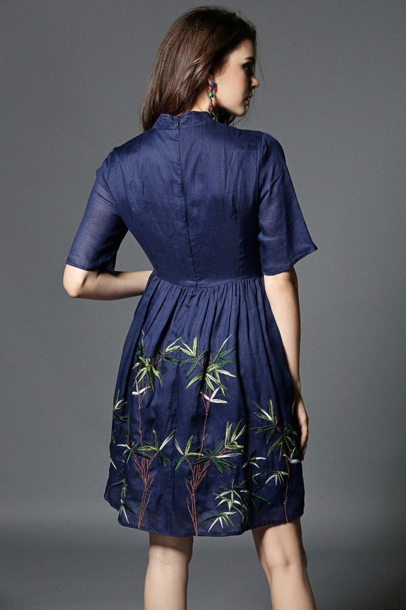 Stand Collar Retro Embroidery Shirring Waist Chi-Pao Dress
