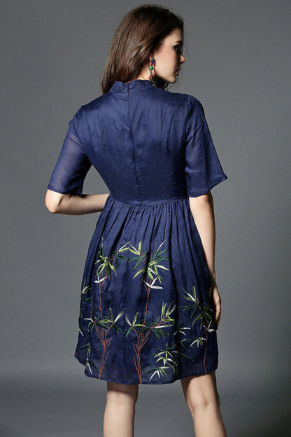 Stand Collar Retro Embroidery Shirring Waist Chi-Pao Dress