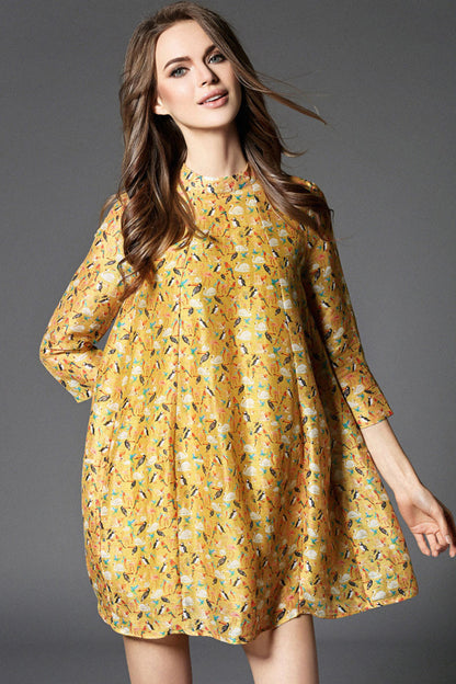 LOOSE CASUAL STAND COLLAR PRINT AND FLORAL 3/4 SLEEVE VACATION SHORT DRESS