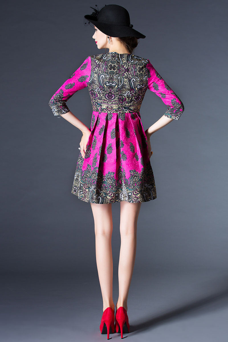 Round Collar Slim Retro Jacquard Pattern Slim Dress - NJOYDRESS - 2