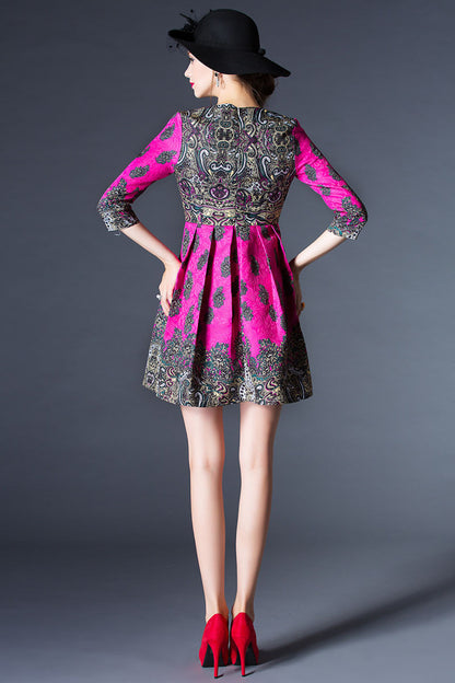 Round Collar Slim Retro Jacquard Pattern Slim Dress - NJOYDRESS - 2