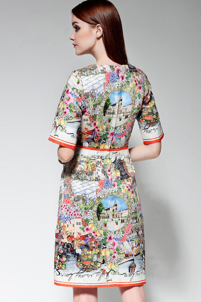 Multi Printing Round Neck Casual Short Dress