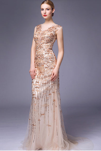 Full Tube Mixed Squin Beaded Mesh Party Dress