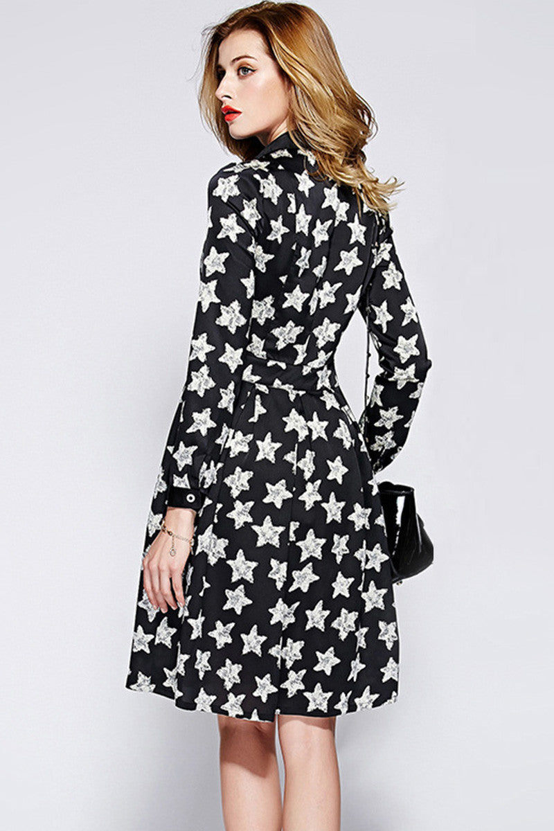 Star Pattern Button Down Flared Shirt Dress