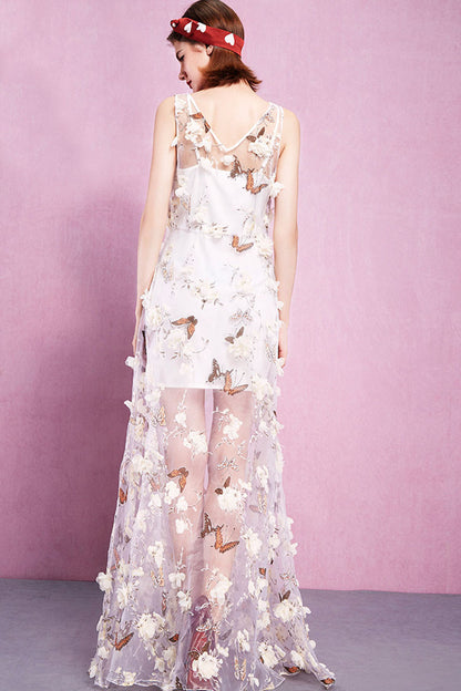 V Neck See-Through Mesh  Butterfly Print 3D Flowers Applique Long Dress