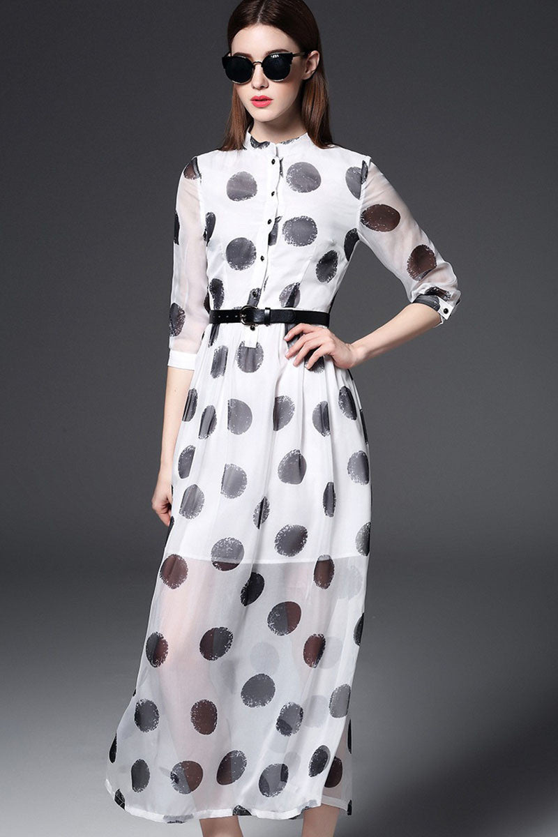 Stand Collar Dots Print Flare Chiffon Maxi Dress