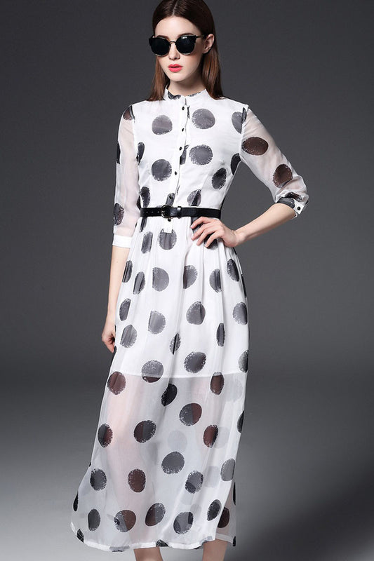 Stand Collar Dots Print Flare Chiffon Maxi Dress