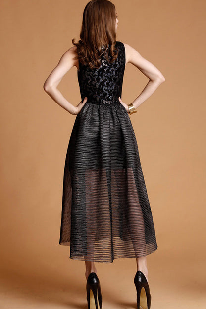 Round Collar Sequins Hollow Perspective Net Pleat Dress