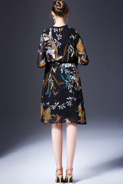 Bird Printing Round Neck Flared Dress