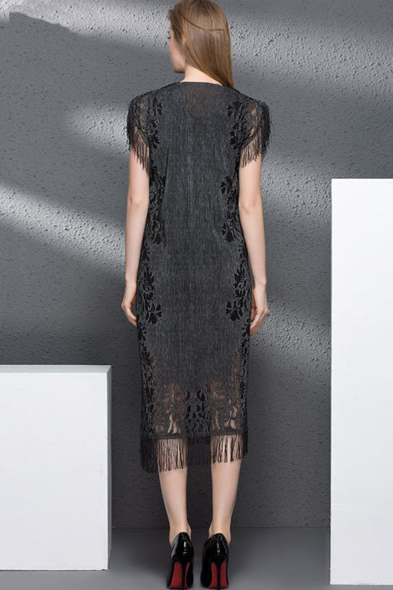 Slim Sleeveless Lace Tassel Hollow Out A-line Side Slit Dress