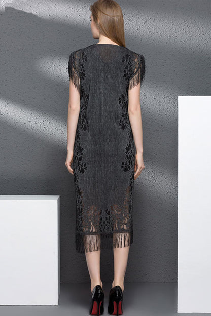 Slim Sleeveless Lace Tassel Hollow Out A-line Side Slit Dress