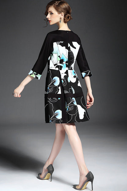 WOMEN'S PRINT AND FLORAL A-LINE SLIM 3/4 SLEEVE DRESS