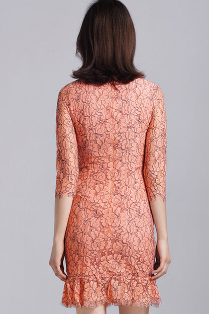 ELEGANT SLIM ROUND NECK 3/4 SLEEVE LACE PLEATED PARTY DRESS