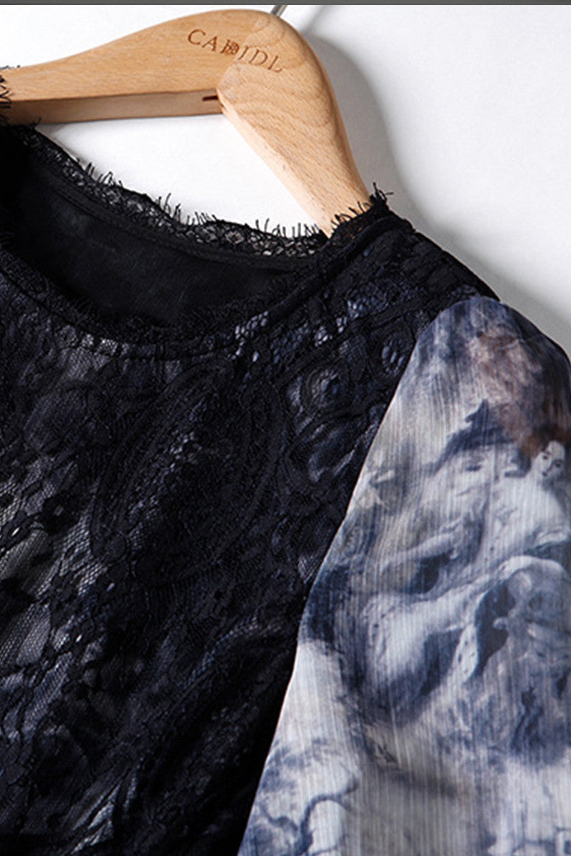 Ink Printting Dress With Lace Layer On Bust - NJOYDRESS - 4