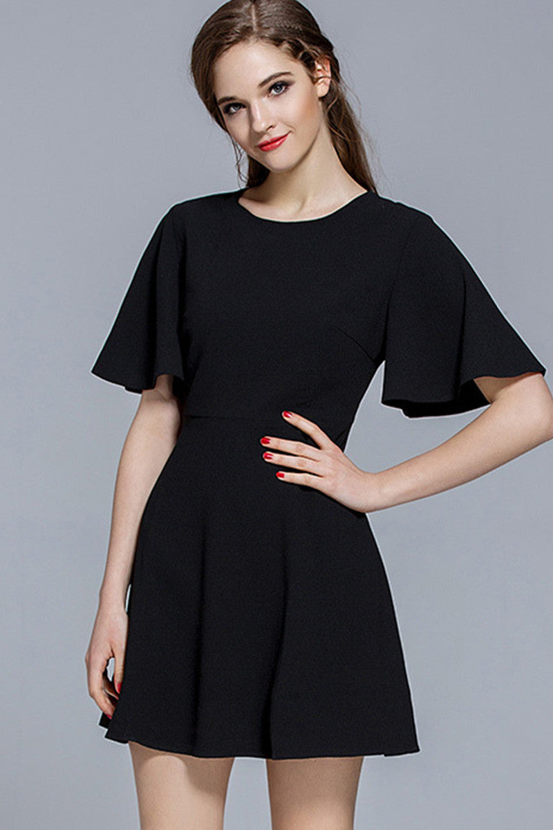 Casual Pure Color Lotus Leaf Sleeve OL Mini Dress