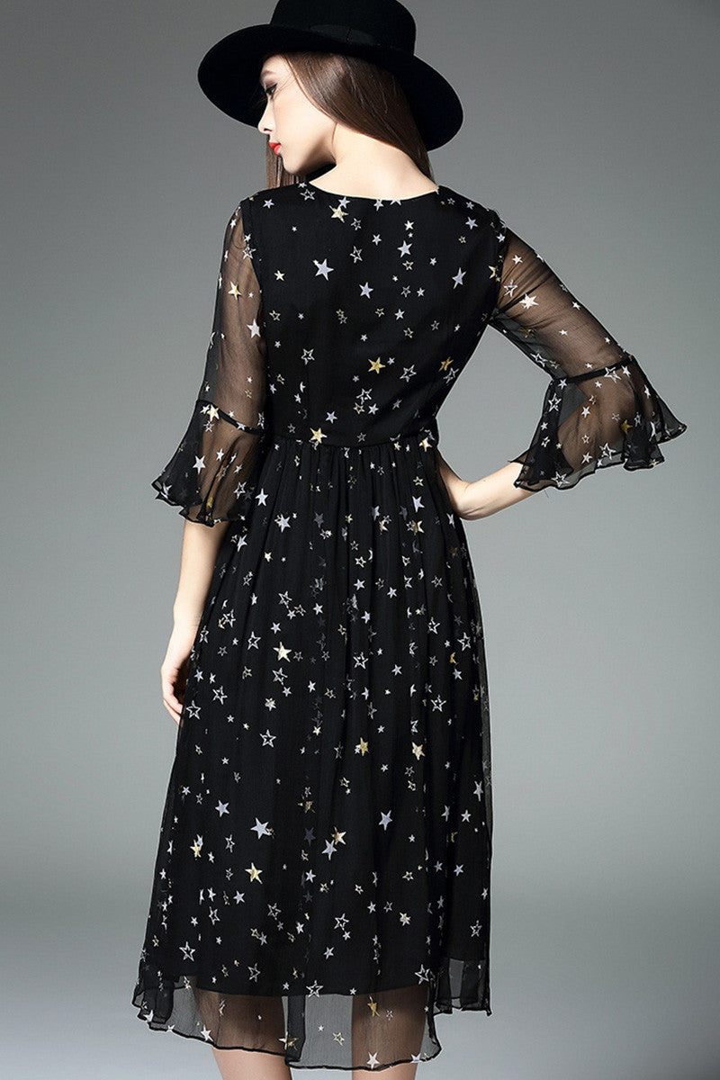 Deep-V Ruffle Sleeve Star Pattern Dress