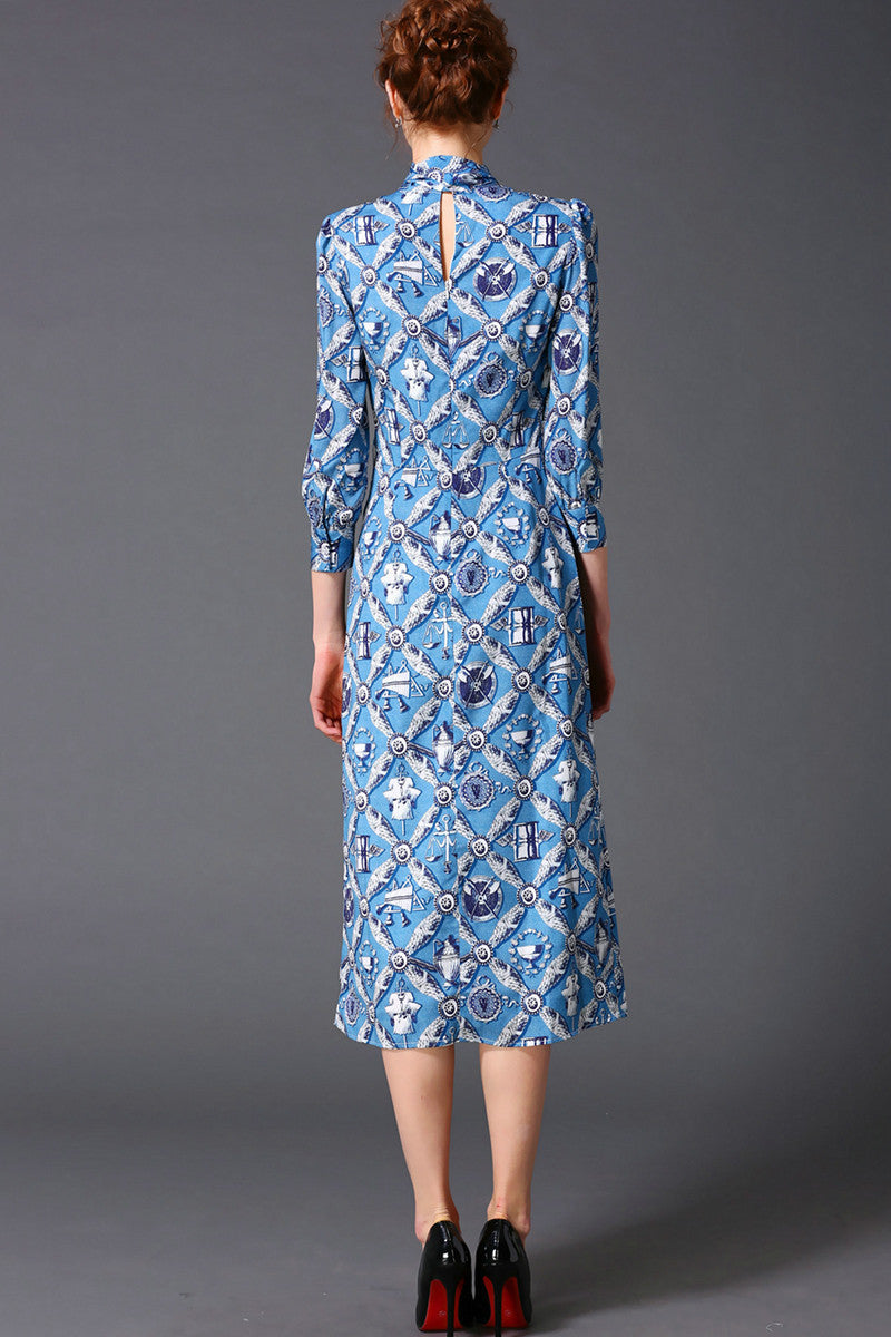 women's elegant casual print and floral stand collar 3/4 sleeve midi dress