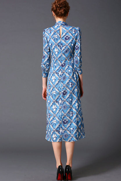 women's elegant casual print and floral stand collar 3/4 sleeve midi dress