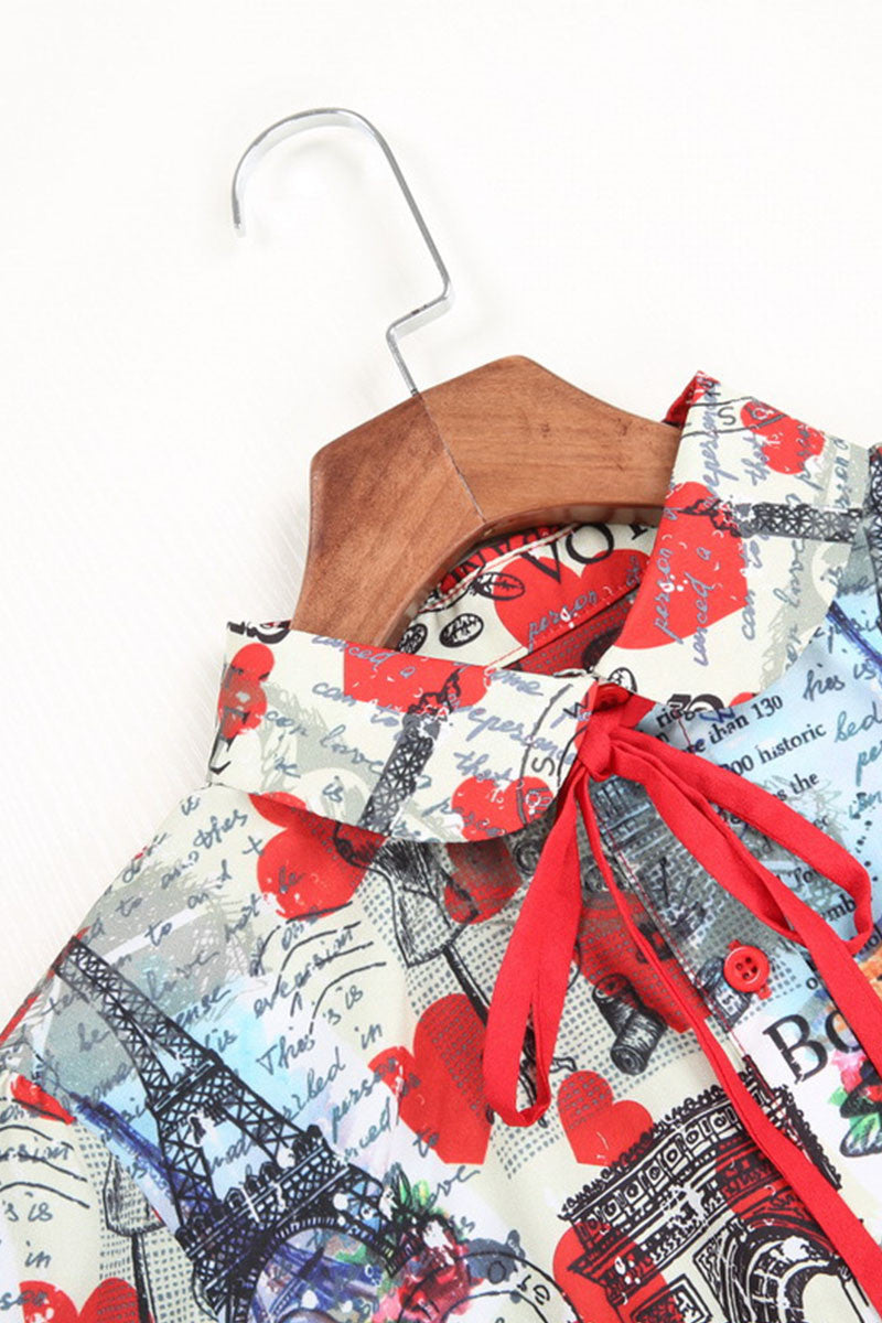 Doll Collar Heart Print  Puff Sleeve Blouse - NJOYDRESS - 4
