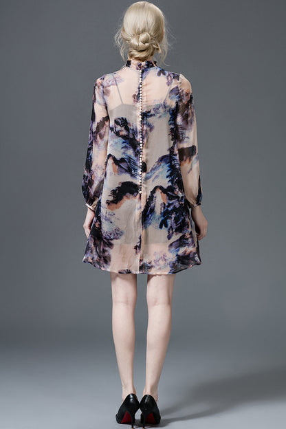 Stand Collar Puff Pattern Print  Sleeve Loose  Dress