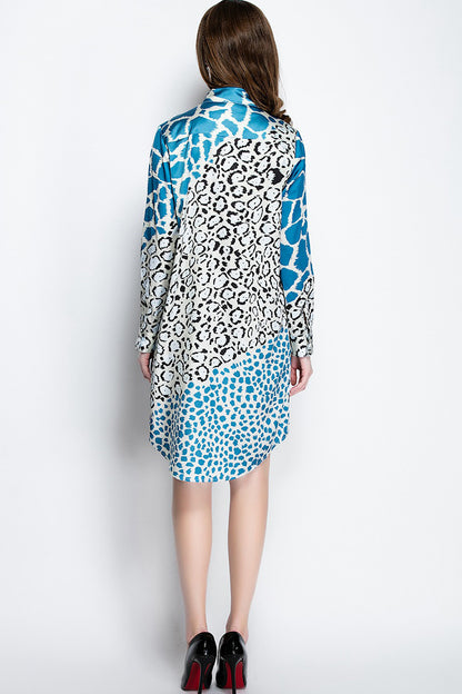 Lapel Neck Mullti Color Leopard Pattern Shirt Dress