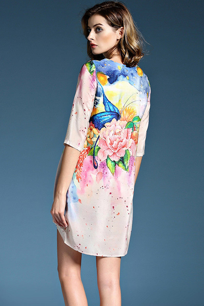Flowers Print  Short Front Long Back Loose Dress