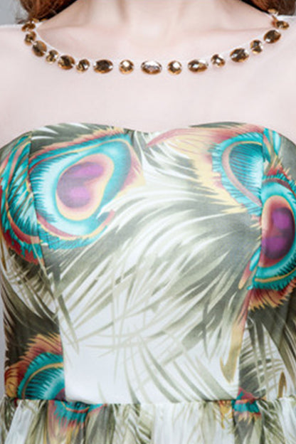 Round Collar Bead Sheer Mesh Peacock Print Hollow-Out Back Gown