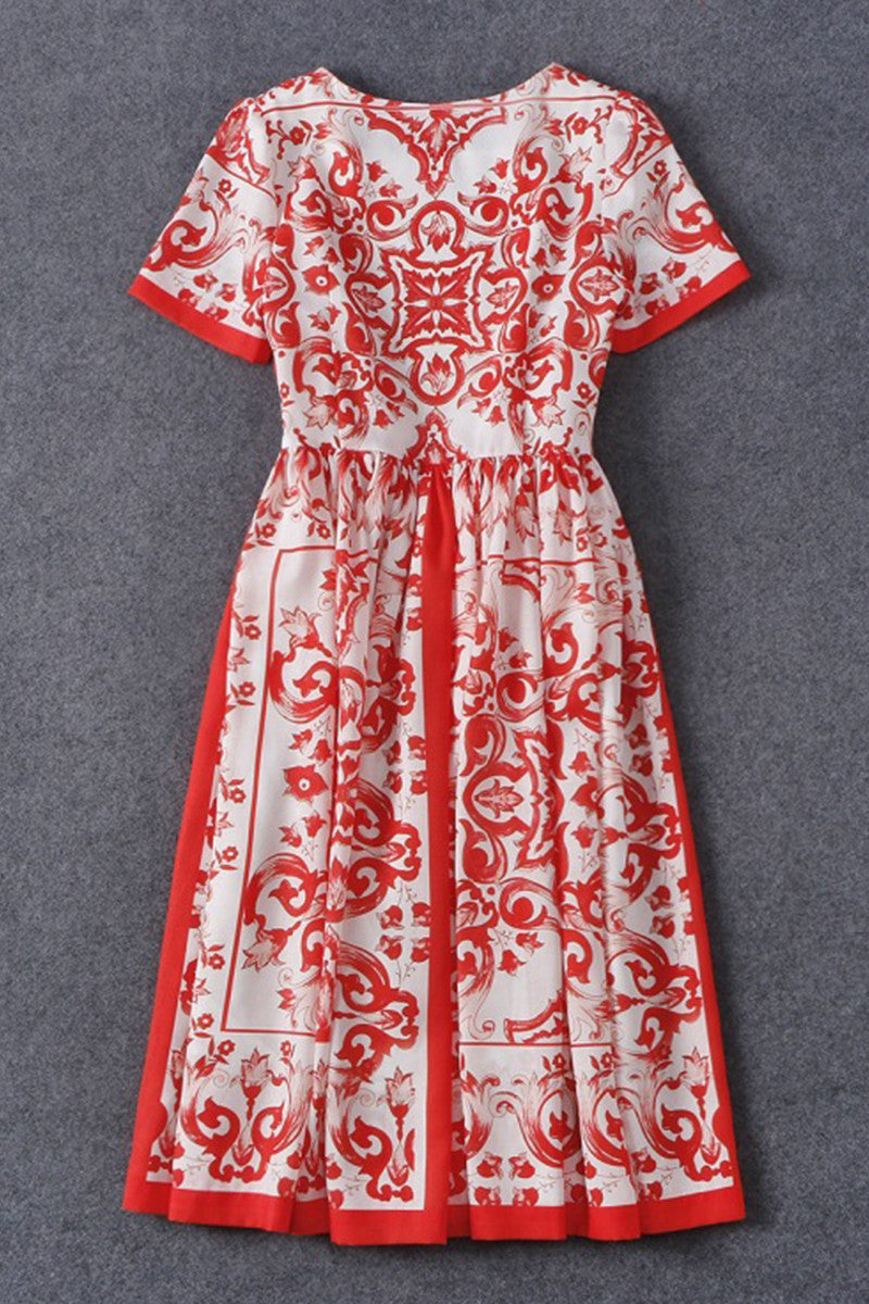 Tribal Print Linen Midi Casual Dress