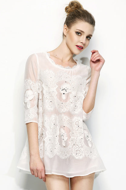 Lace Round Neck Stitchwork Loose Tops