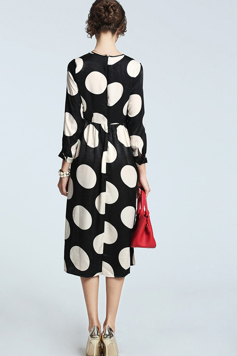 Round Collar Dots Print Empire Waist Swing Dress