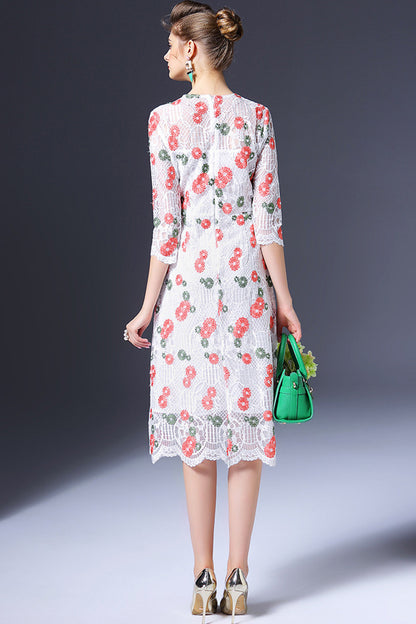 WOMEN'S ELEGANT PRINT AND FLORAL 3/4 SLEEVE ROUND NECK VOCATION MIDI DRESS