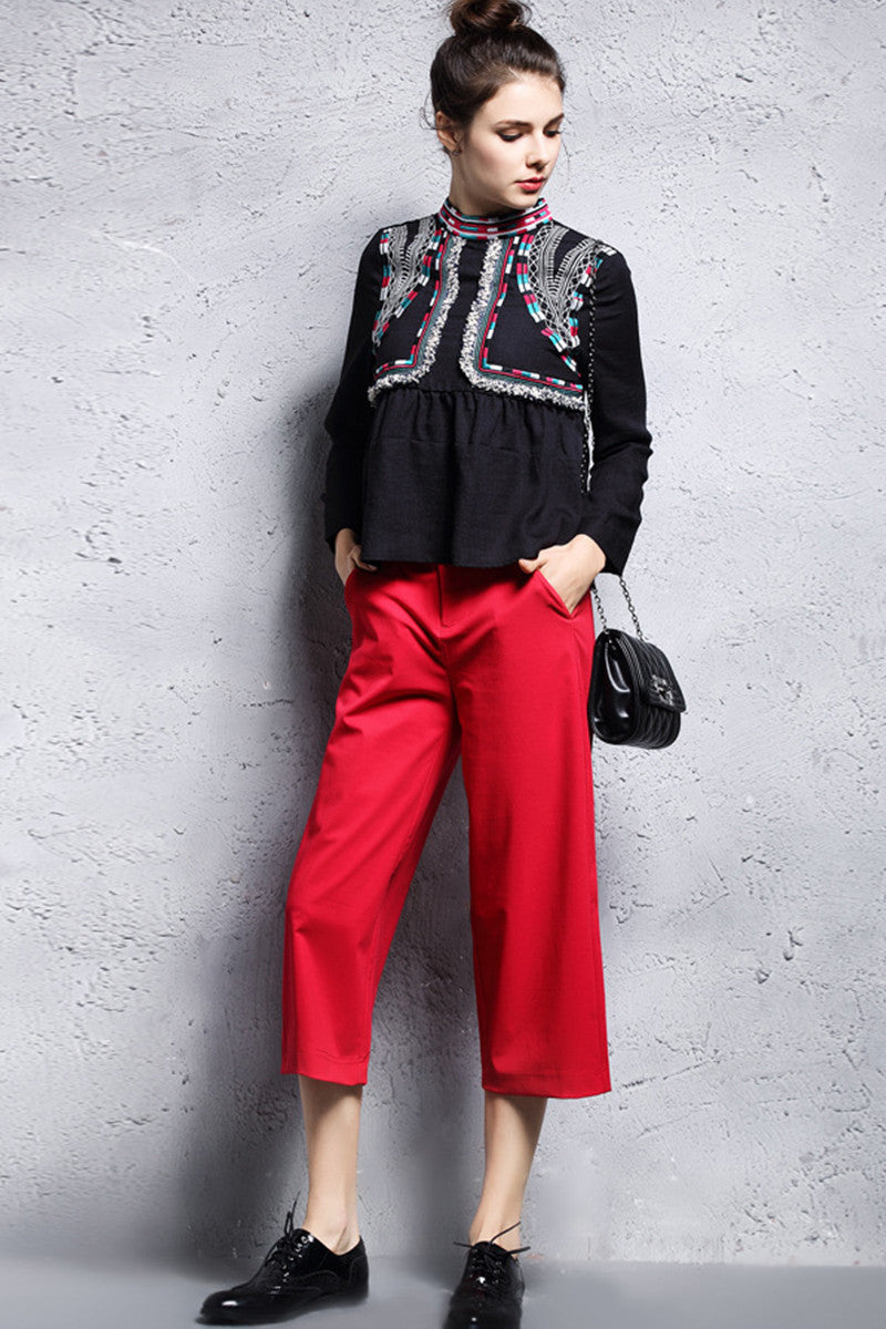 Stand Collar Tassel Patch  Embroidered Shirt - NJOYDRESS - 5