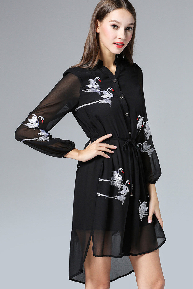 Hi-low Dress With Sweety Swan Embroidered - NJOYDRESS - 2