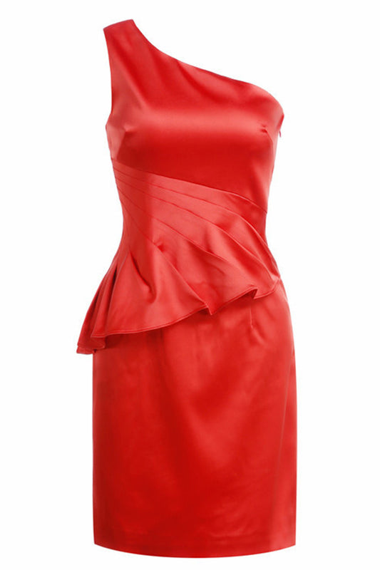 One Shoulder Flare Slash Hem Wrap Dress