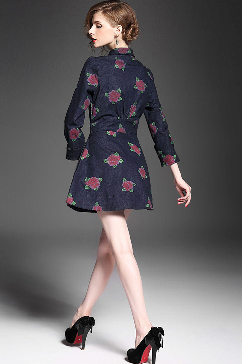 POLO NECK GRACE FLOWER PRINTING 9 SLEEVE SHORT DRESS