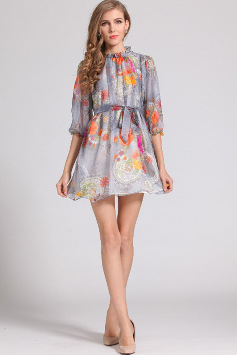 WOMEN'S LONG LACING SLEEVE PRINTING SHORT DRESS
